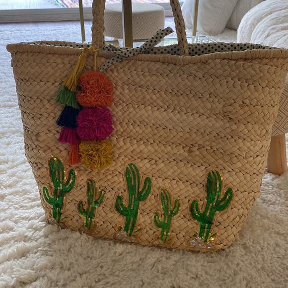 Straw Oversized Sequin Cactus 🌵Colorful Straw Pom Pom Accents Tote - Picture 2 of 11